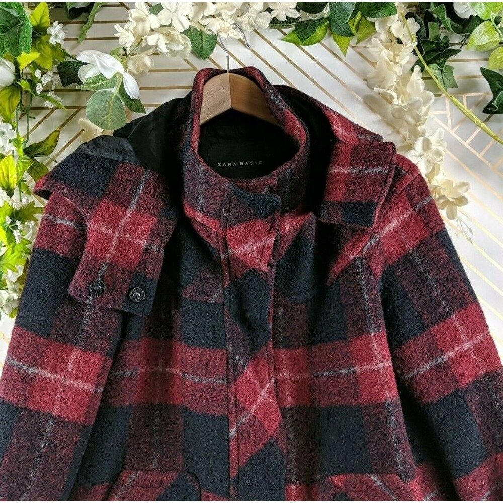 Zara Basic Plaid Jacket Coat Wool Size Small Blue… - image 4